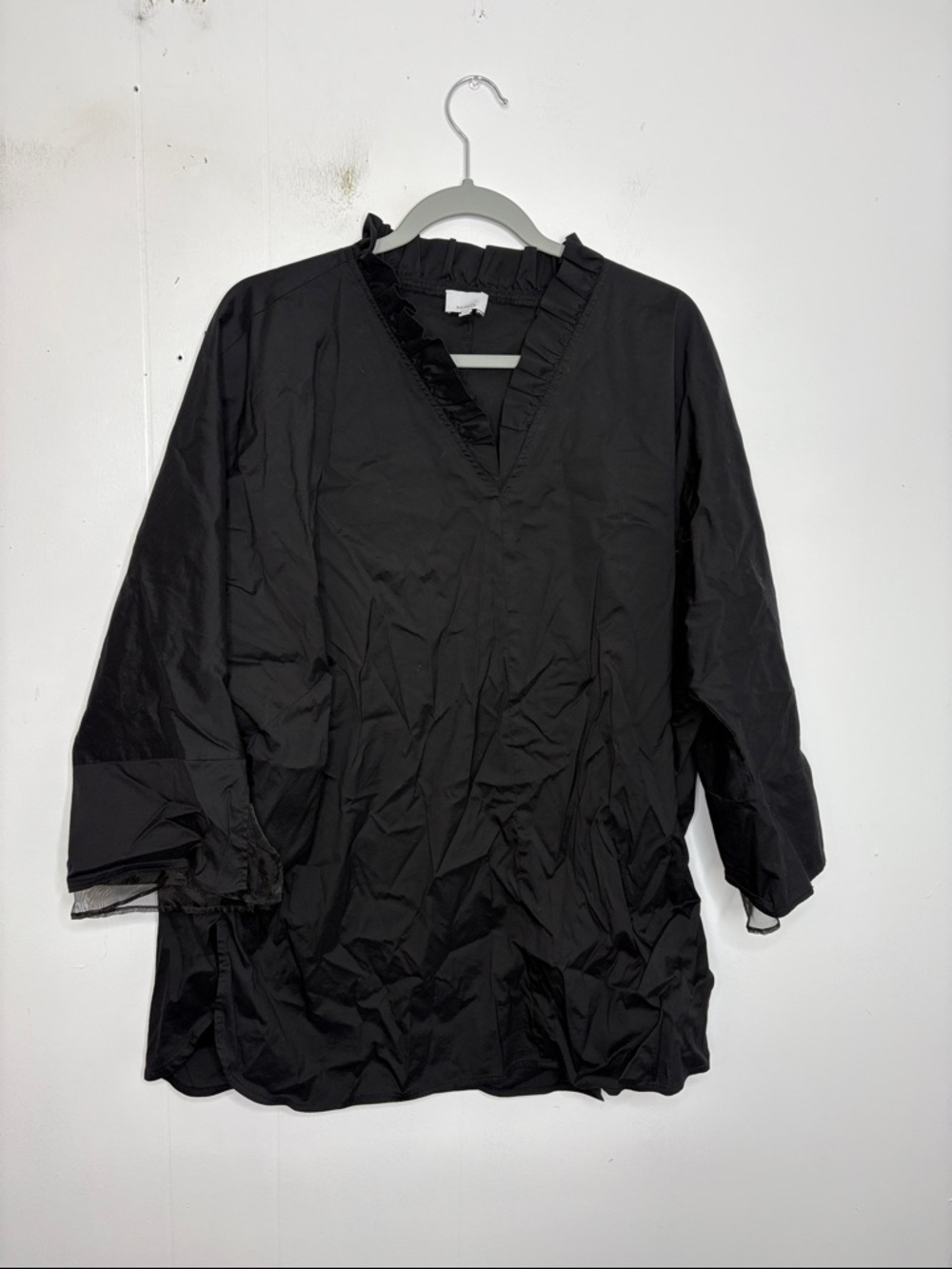 MING Wang Top Womens Extra Large Black Ruffle Neck Wide Sleeve Split Hem